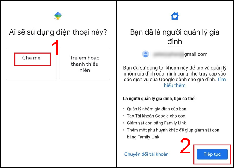 Chọn Cha mẹ và nhấn Tiếp tục để thiết lập tài khoản giám sát