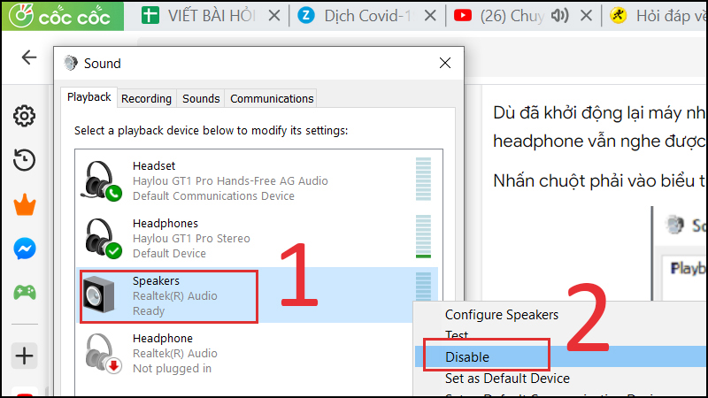 Tại Sounds, nhấn chuột phải Speakers, chọn Disable Tại Sounds, nhấn chuột phải Speakers, chọn Disable