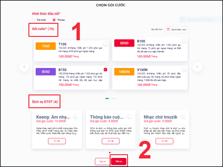 Chọn gói cước và các dịch vụ dành cho SIM nếu bạn muốn