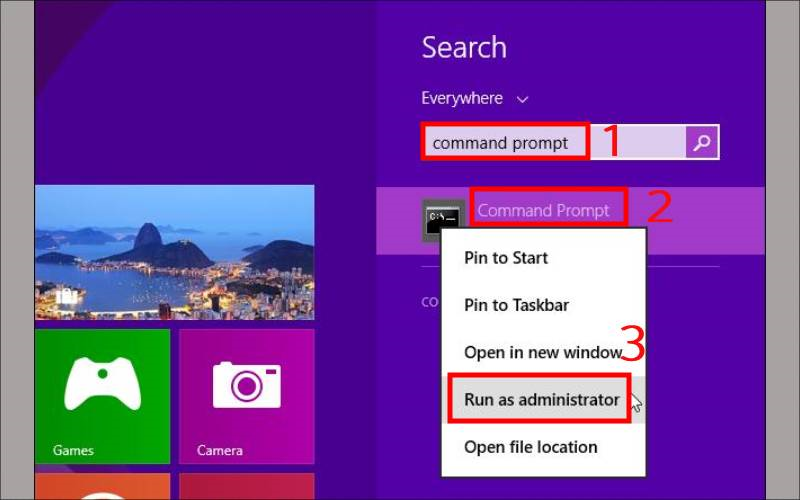 Mở Command Prompt trên Windows 8 bằng công cụ search