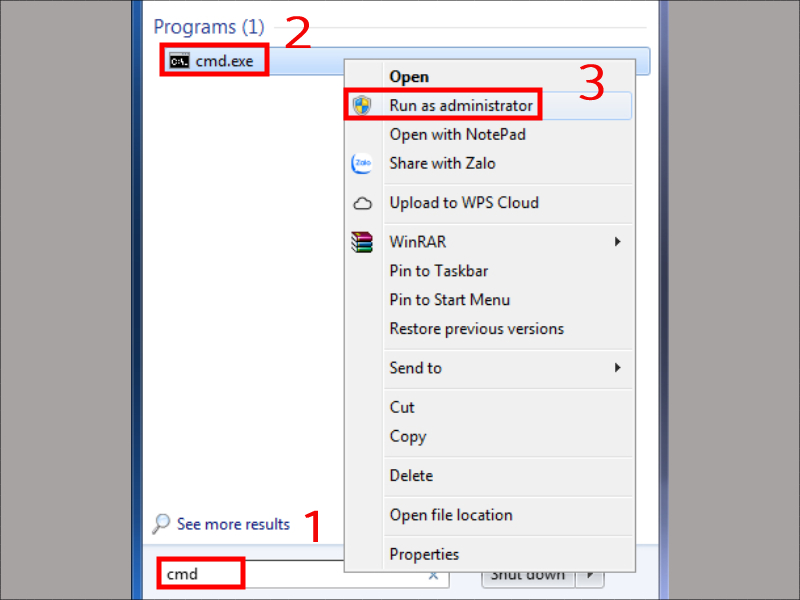 Mở Command Prompt trên Windows 7 bằng công cụ search