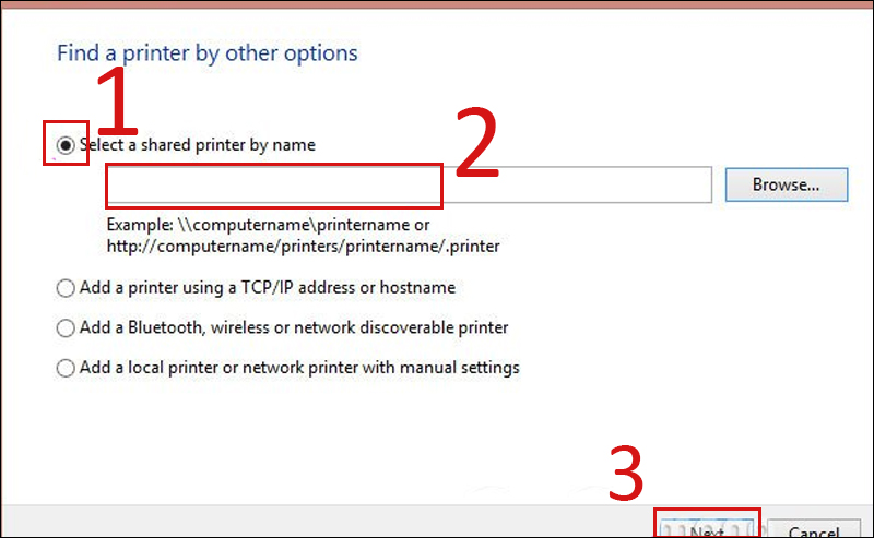 Bạn tick vào Select a shared printer by name, chọn đúng tên máy tính đã share máy in và bấm Next là xong