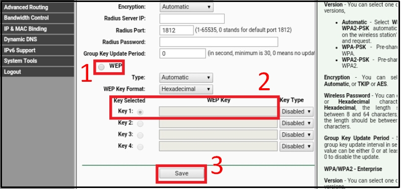 Nhập password vào ô Key 1 và nhấn Save