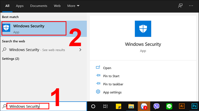 Nhập ”Windows Security” vào khung tìm kiếm