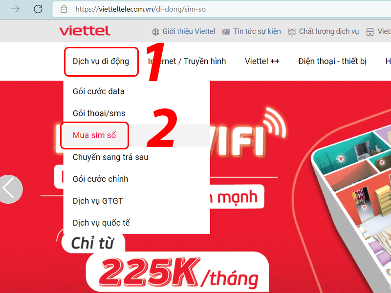 Chức năng mua sim số tại trang chủ Viettel