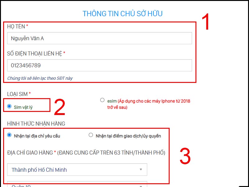 Nhập thông tin chủ sở hữu và địa chỉ giao hàng