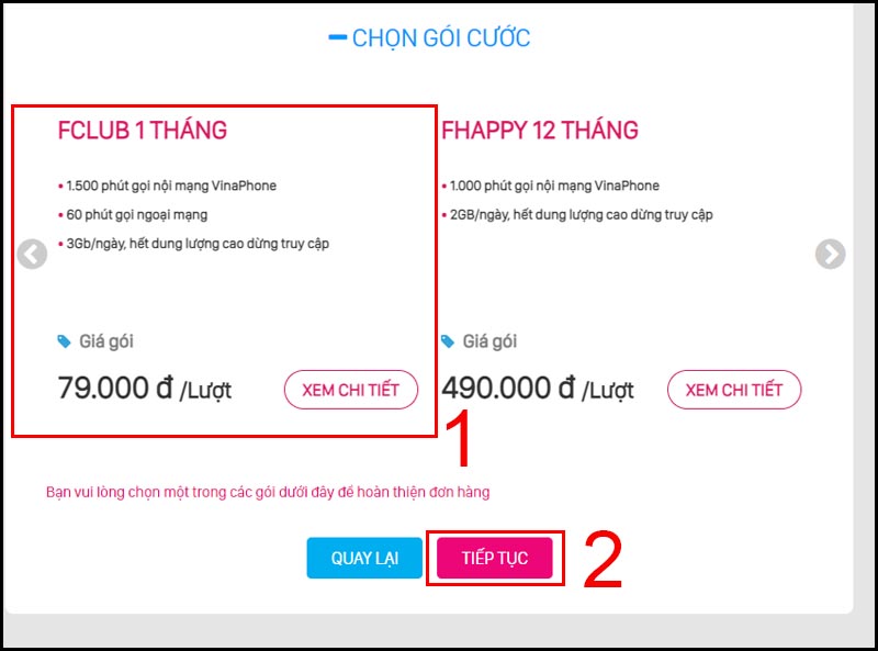 Chọn gói cước và nhấn tiếp tục