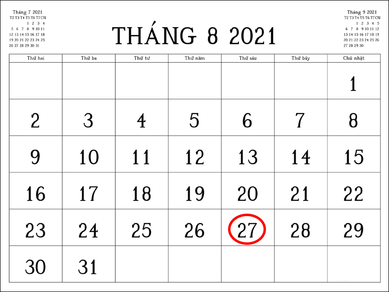 Ngày 27/8 rơi vào ngày thứ 6
