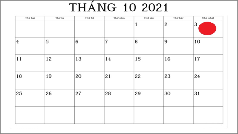 Ngày 3/10/2021 là ngày chủ nhật