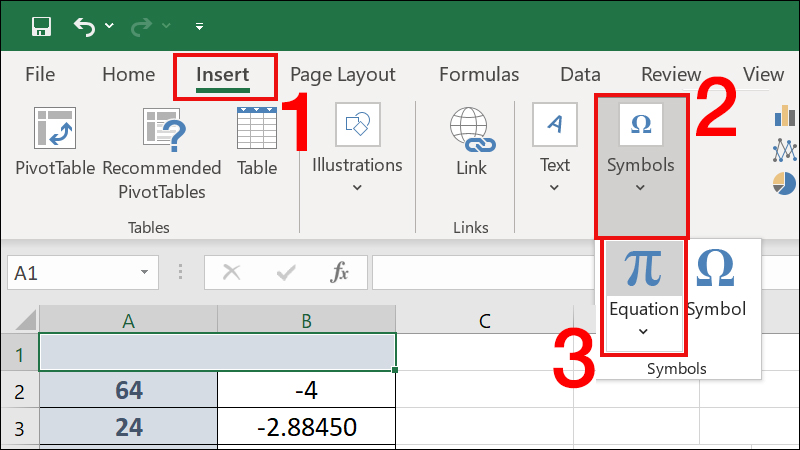 Vào Insert chọn Symbols và chọn Equation
