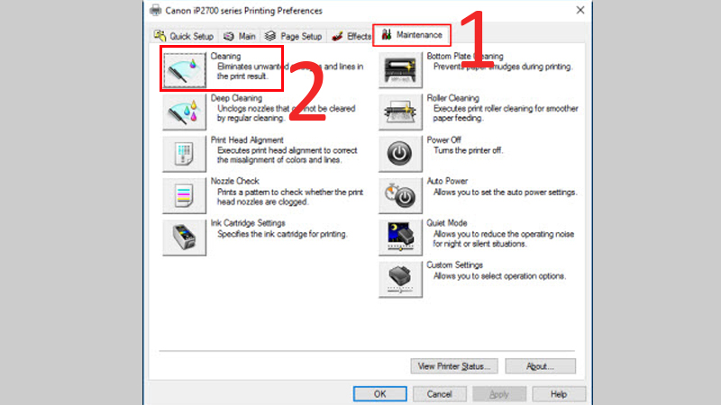 Để thực hiện việc làm sạch đầu in từ cửa sổ Maintenance, nhấp vào Cleaning