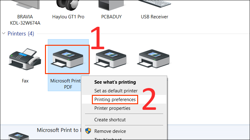  Vào Control Panel, chọn Devices and printers, nhấn chuột phải vào máy in