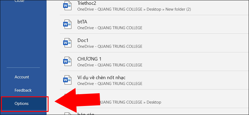 Vào File và chọn Options