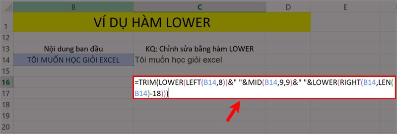 Ví dụ kết hợp hàm LOWER với hàm TRIM, LEFT, MID, RIGHT, LEN.