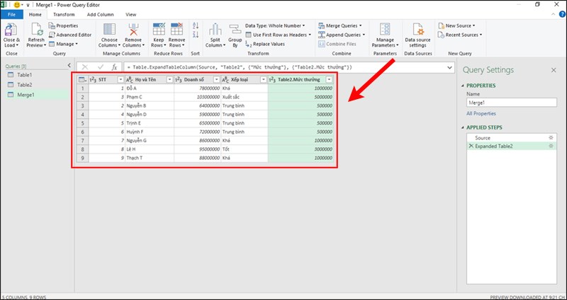 Kết quả trong tính năng Power Query.