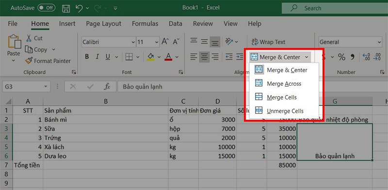 Các kiểu gộp ô trong Excel bằng Merge & Center