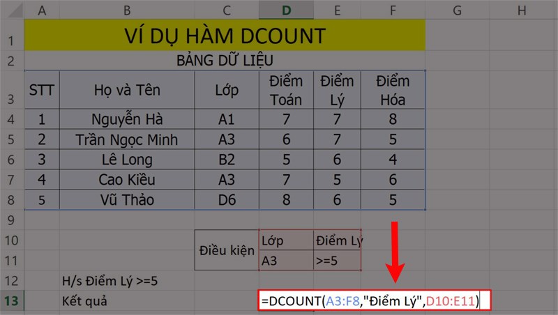 Ví dụ minh họa hàm DCOUNT với 2 điều kiện.