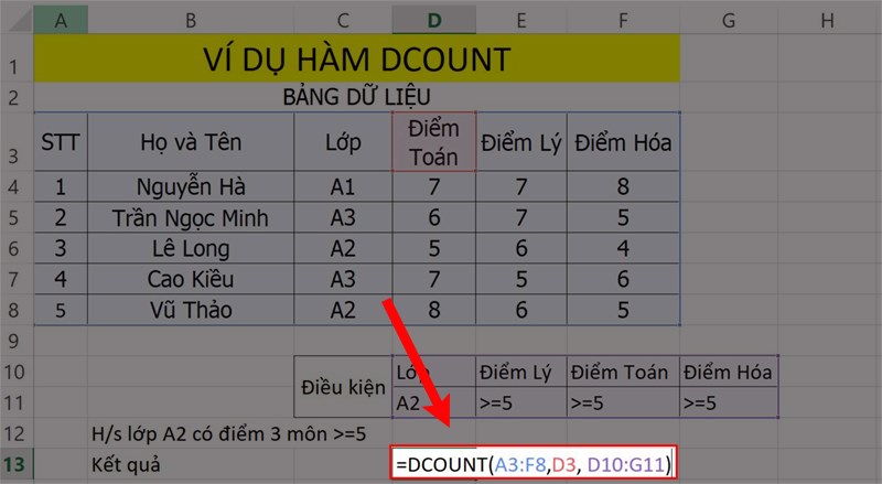 Ví dụ minh họa hàm DCOUNT đếm với dữ liệu chứa ký tự chữ.