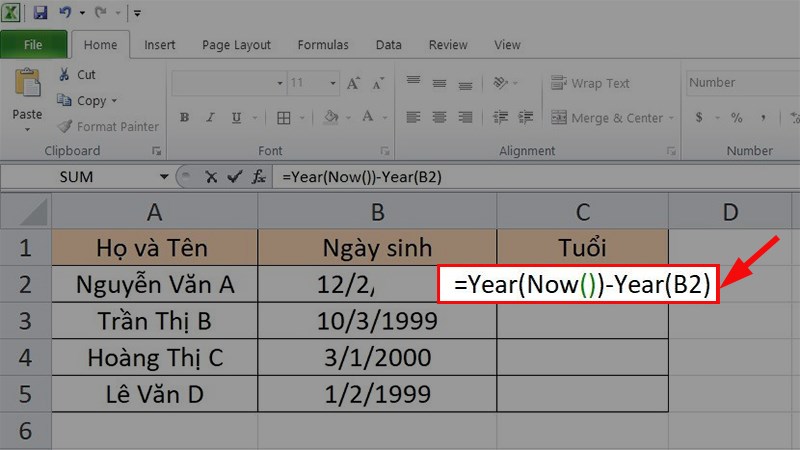 Nhập công thức =YEAR(NOW())-YEAR(B2)