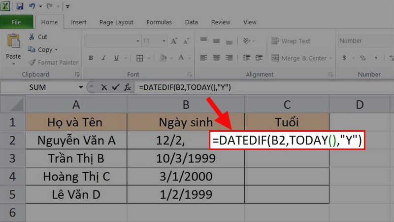 Nhập công thức =DATEDIF(C3,NOW(),”y”)