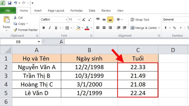 Kết quả sau khi áp dụng công thức cho các ô bên dưới