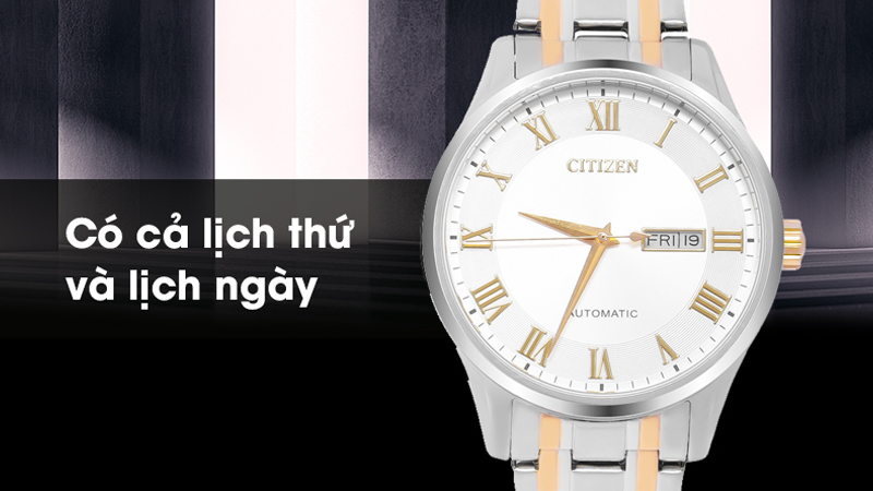 Đồng hồ Citizen 41.1 mm Automatic Nam có thể hiển thị cả lịch thứ và lịch ngày