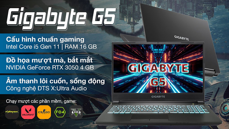 Gigabyte G5 có thiết kế màu đen mạnh mẽ đi kèm cấu hình tuyệt vời