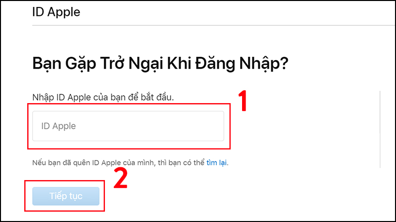 Nhập ID Apple của bạn vào ô bên dưới