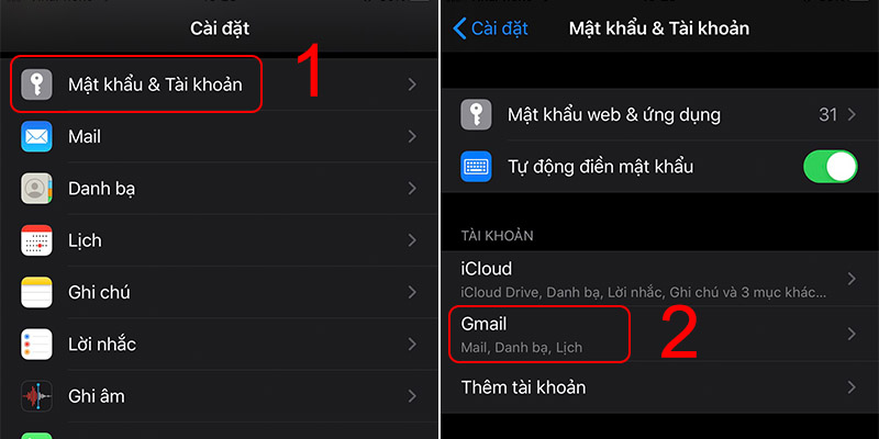 Vào Mật khẩu & Tài khoản để chọn tài khoản muốn xoá