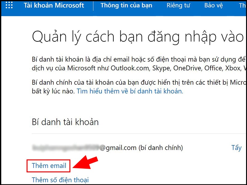 Thêm email của bạn vào tài khoản Microsoft