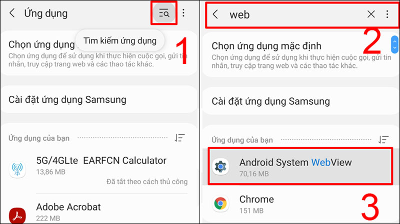 Tìm và chọn ứng dụng Android System Webview