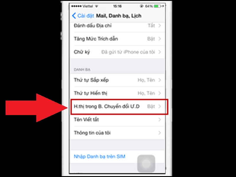 Mở H.thị trong B.Chuyển đổi Ư.D trong Cài đặt