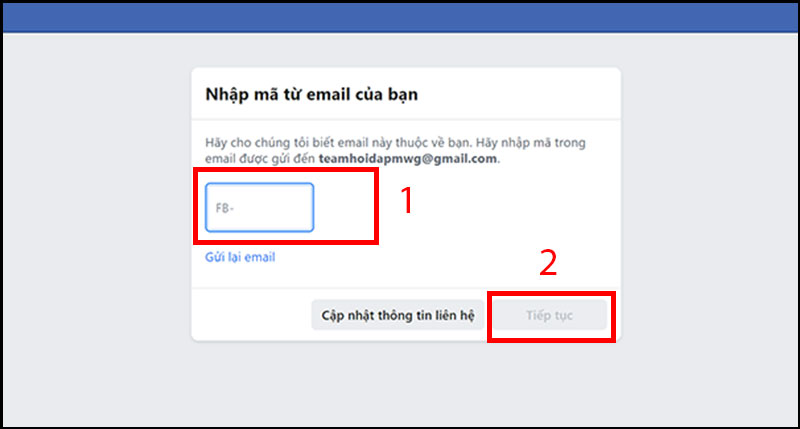 Bước 2: Nhập mã xác nhận qua email (số điện thoại)