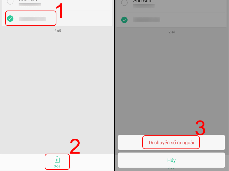 Chọn vào số điện thoại mà bạn muốn bỏ chặn, nhấn Xóa và nhấn Di chuyển số ra ngoài