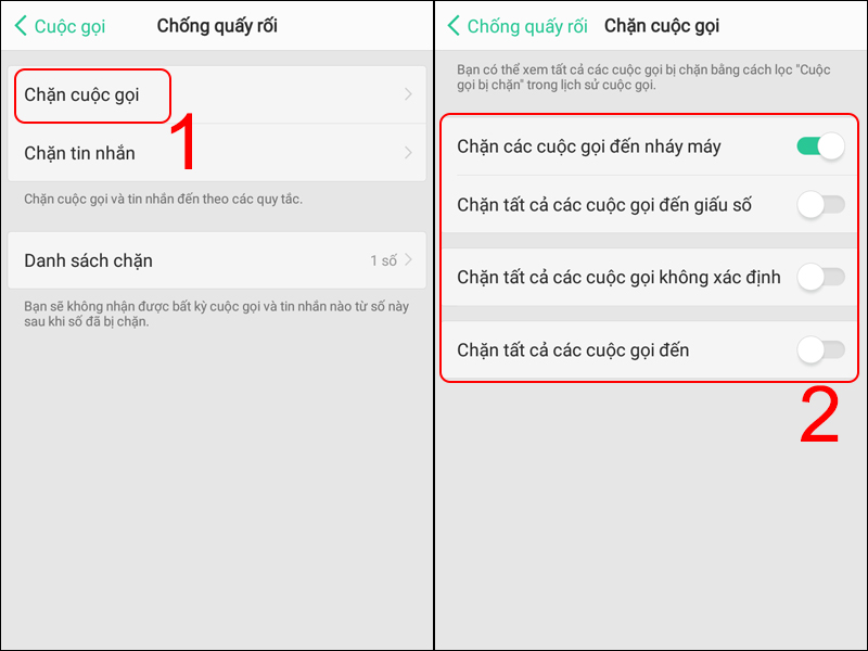 Chọn Chặn cuộc gọi và nhấn vào các tính năng chặn cuộc gọi mà bạn muốn