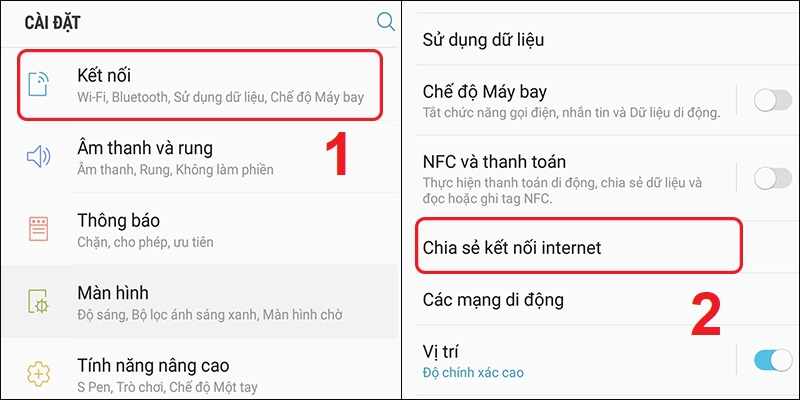 Chọn Chia sẻ kết nối Internet