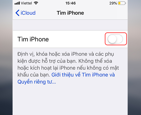 Bước 4: Tại đây bạn bật công tắc Tìm iPhone.