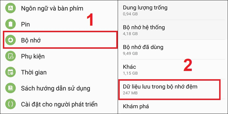 ĐI đến mục dữ liệu lưu trong bộ nhớ đệm