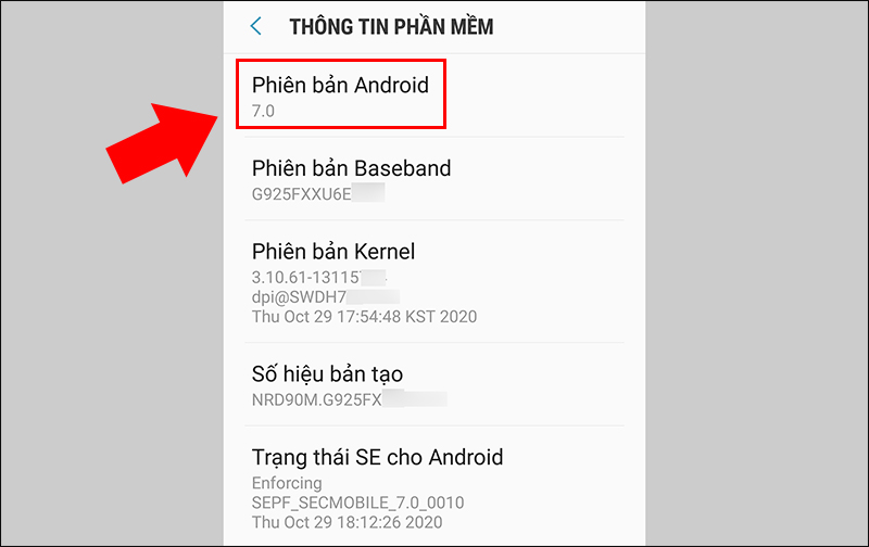 Hệ thống hiển thị ra phiên bản điện thoại Android