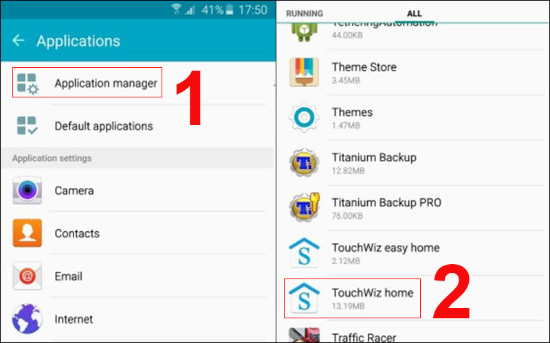 Tìm và chọn TouchWiz Home trong mục quản lý ứng dụng