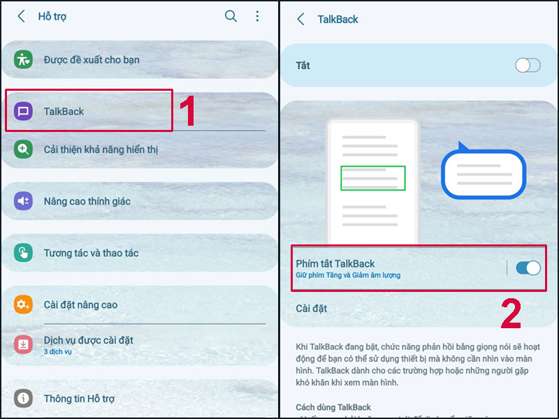 Gạt thanh trạng thái sang phải để thiết lập phím tắt cho chế độ TalkBack