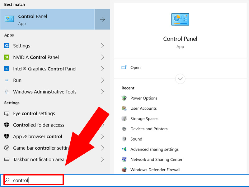 Nhập control panel vào hộp tìm kiếm