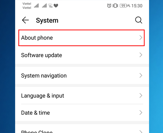 Bước 2: Các bạn chọn Thông tin điện thoại (About phone)