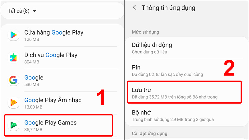Tìm đến ứng dụng Google Play Games và chọn Lưu trữ