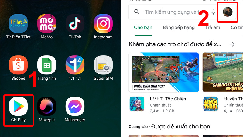 Vào CH Play và nhấn vào Hồ sơ