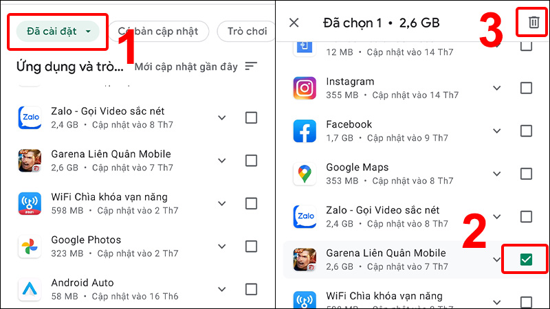 Tick chọn ứng dụng bạn muốn gỡ và nhấn gỡ cài đặt