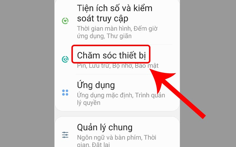 Chọn Chăm sóc thiết bị trong phần Cài đặt