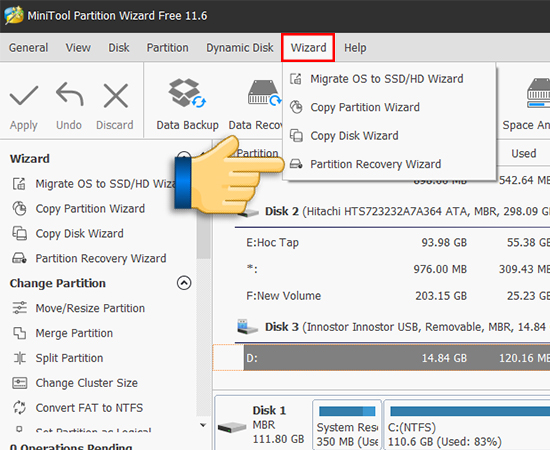 Bước 3: Các bạn chọn Wizard và chọn Partition Recovery Wizard.