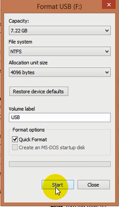 Tại phần File system bạn chọn NTFS ⇒ Start