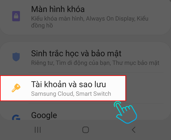 chọn Tài khoản và sao lưu